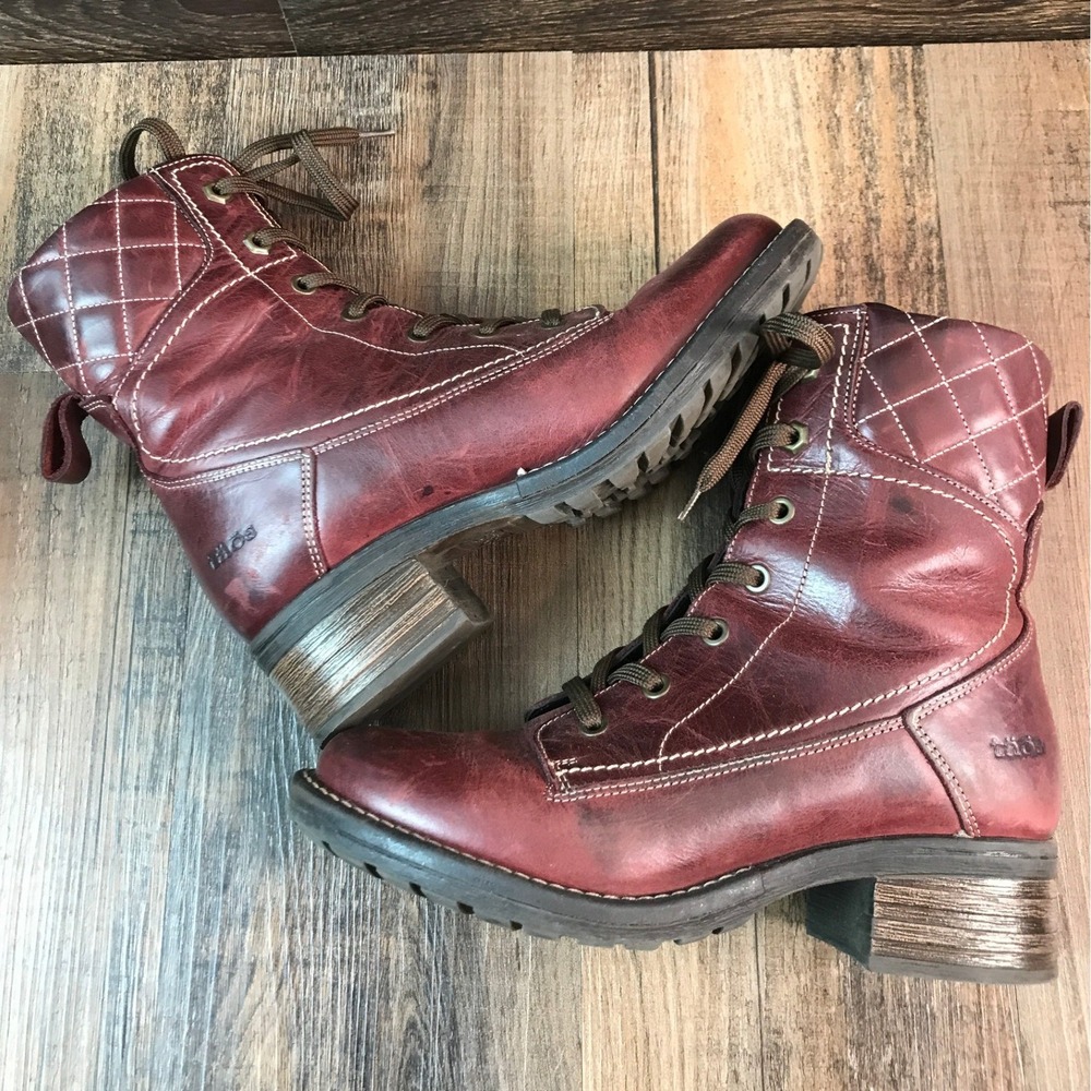 Taos Factor Dark Pink Leather Lace Up Combat Boots Faux Fur Lined Size 7.5 38 - Picture 14 of 16